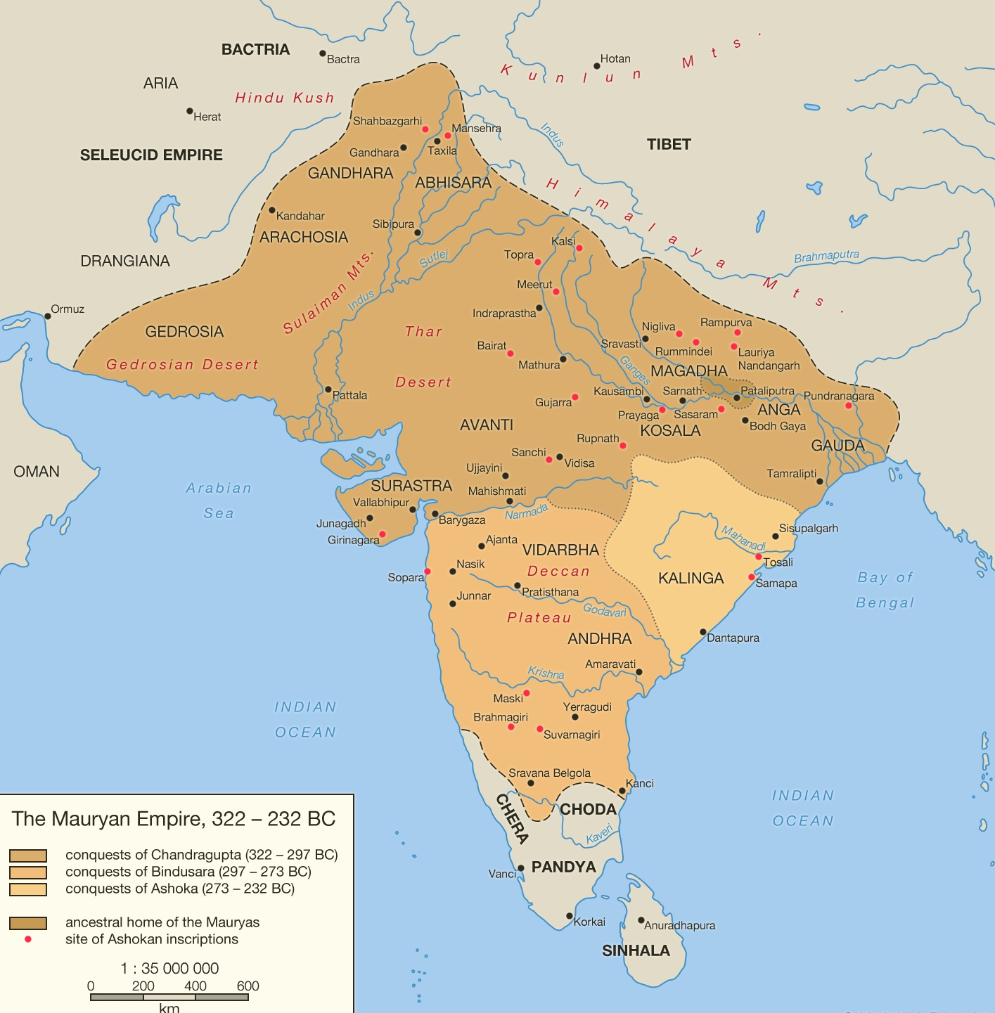 Map showing Mauryan Empire's territorial expansion at its zenith